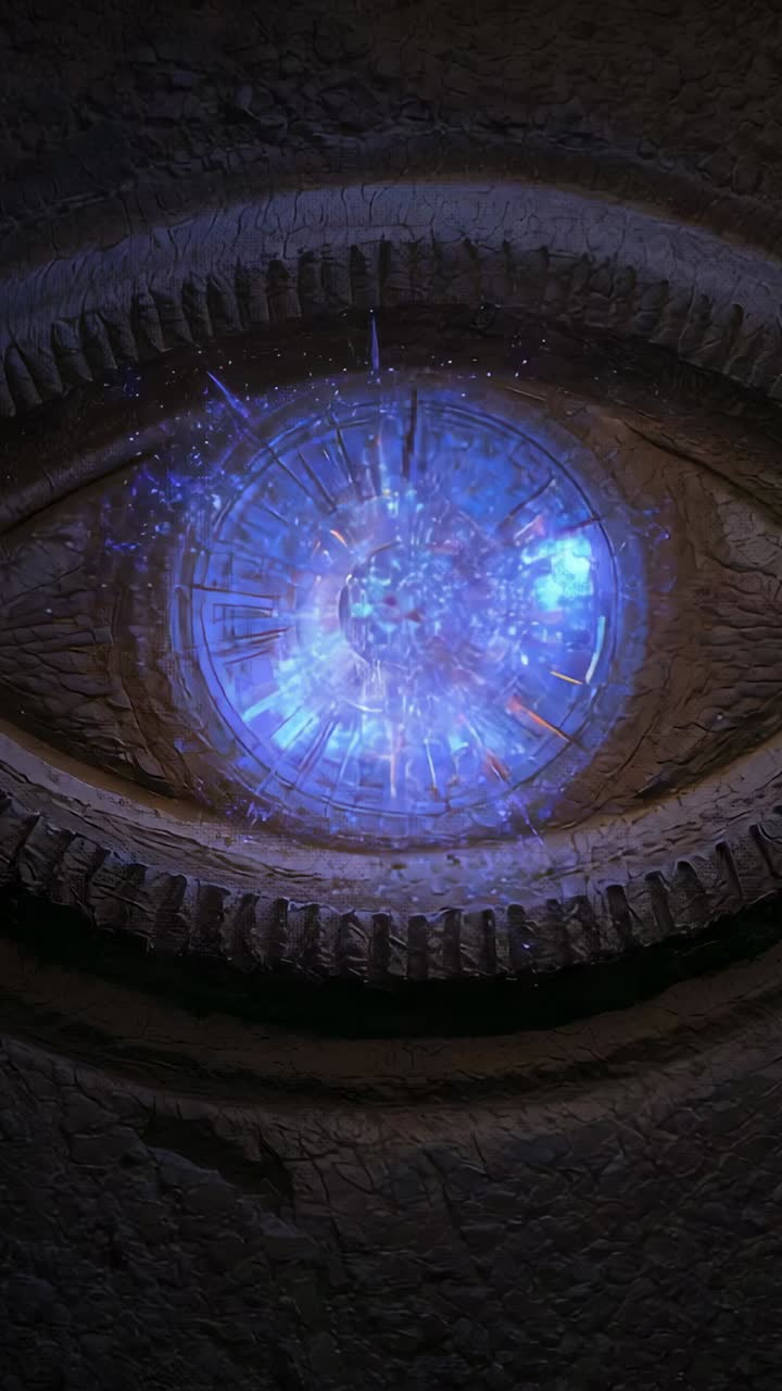 Vertical video: Revealing eye portal pulsing rays in stone wall, sliding lid closing then lifting