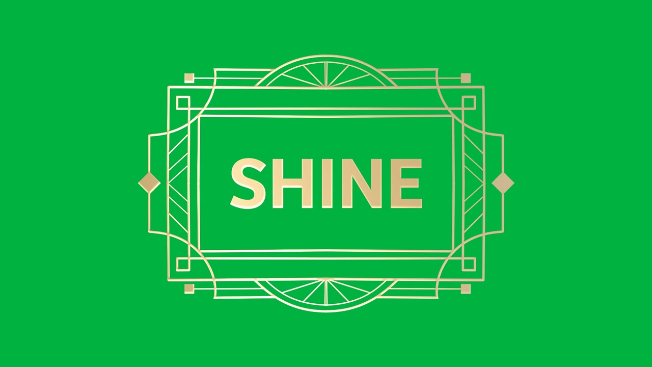 Animation of gold text shine, in decorative gold frame, on black background
