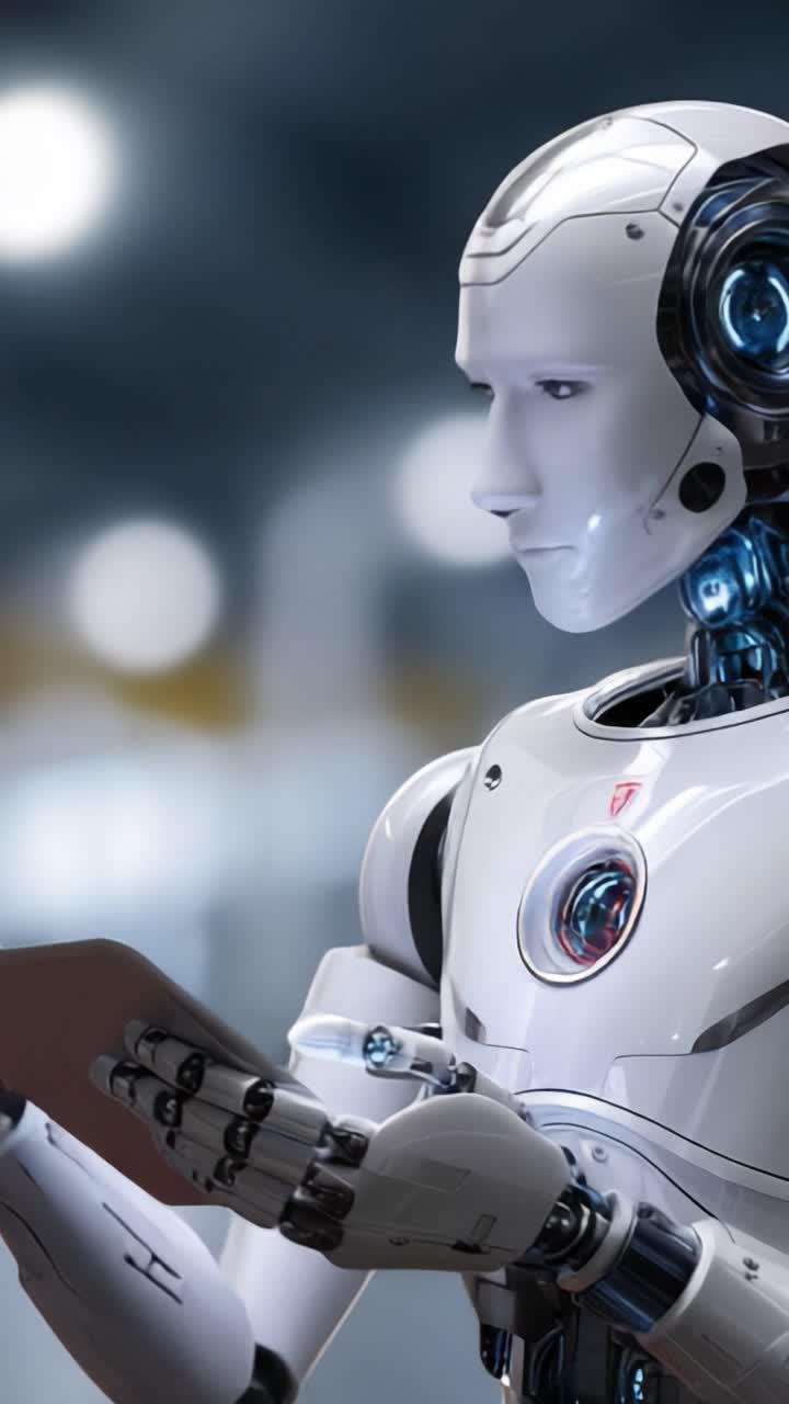 Robot umanoide futuristico con un tablet digitale, che illustra tecnologia avanzata e intelligenza artificiale in un ambiente elegante e moderno