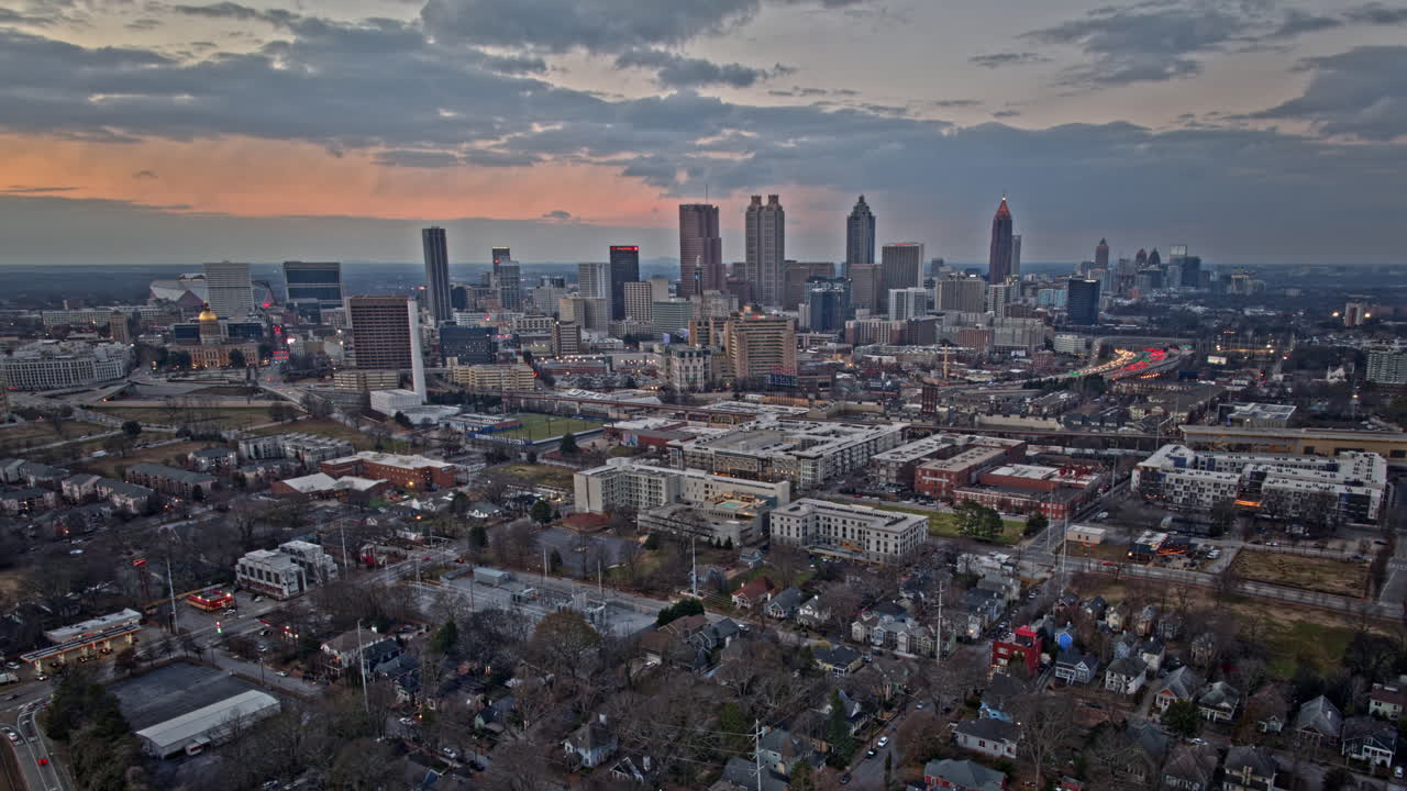 Atlanta Aerial v817 cinematic panning hyperlapse shot at grant park capturing downtown cityscape and dramatic cloud movements at sunset dusk - Shot with Mavic 3 Cine - December 2021