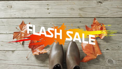 animation of flash sale text over fall leaves and boots