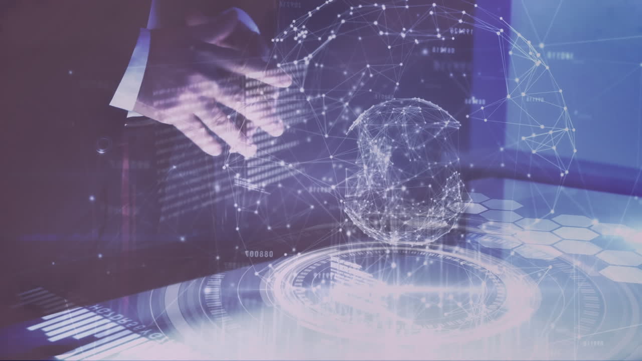 미래의 화면을 만지는 사업가 여성의 중간 섹션에 대한 지구와 데이터 처리의 애니메이션