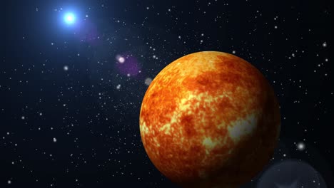 the red gas planet moves with a bright light in space