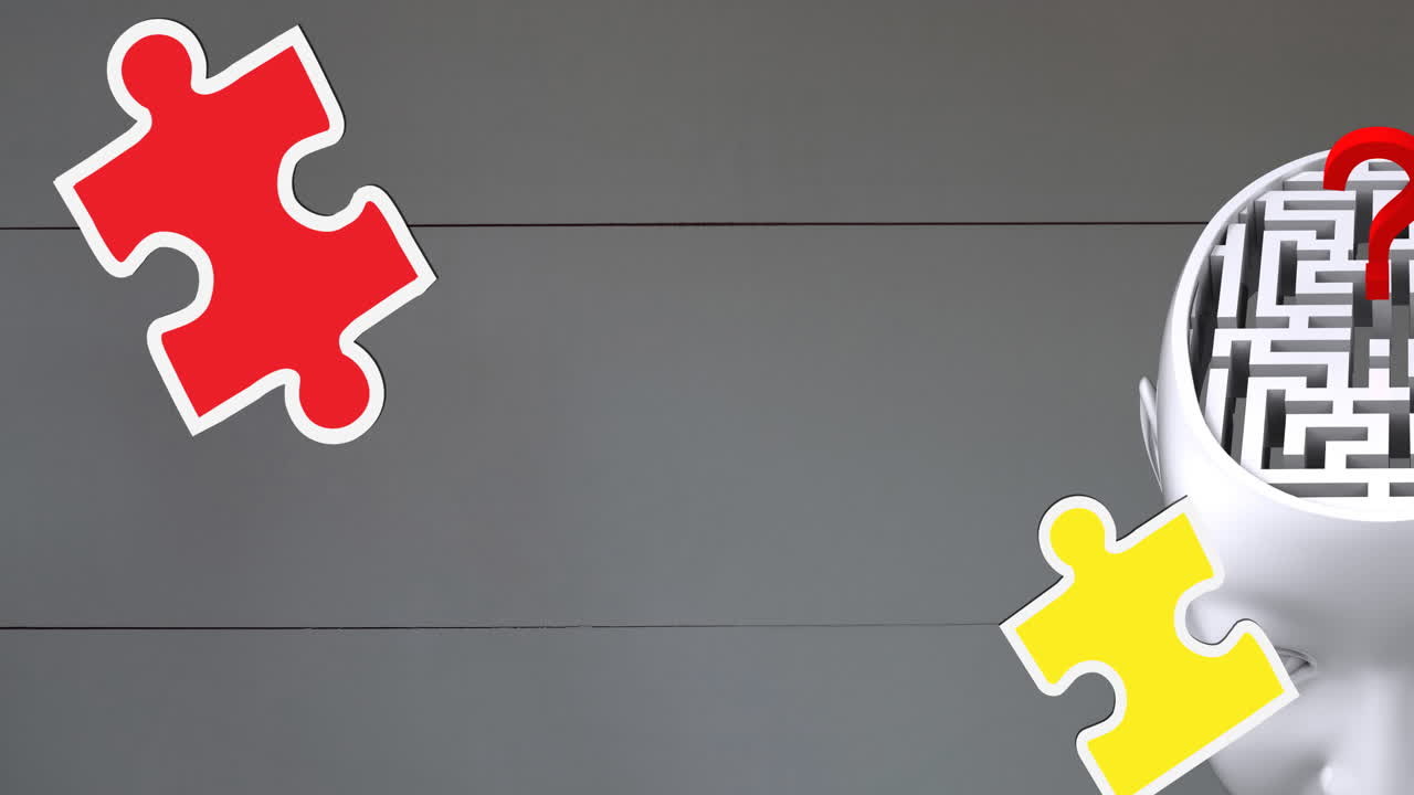 animación de piezas de rompecabezas verdes, amarillas y rojas que caen sobre la cabeza humana con laberinto y signo de pregunta