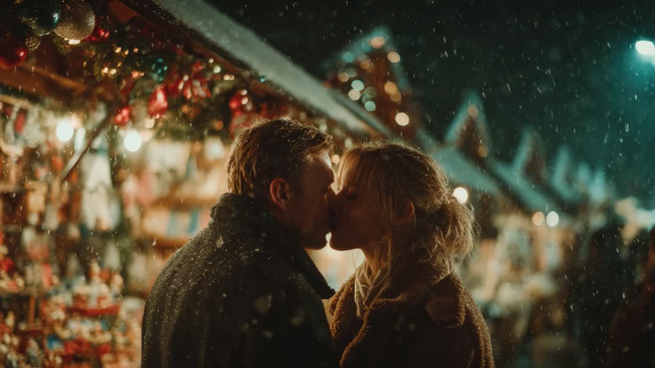 A Romantic Moment at a Winter Festival: A Couple Sharing a Kiss Surrounded by Holiday Decorations and Snowy Atmosphere