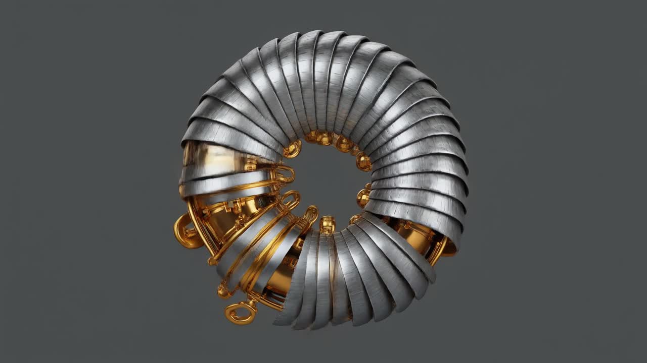 Futuristisk guld- og sølvmekanisk ring roterende på grå baggrund