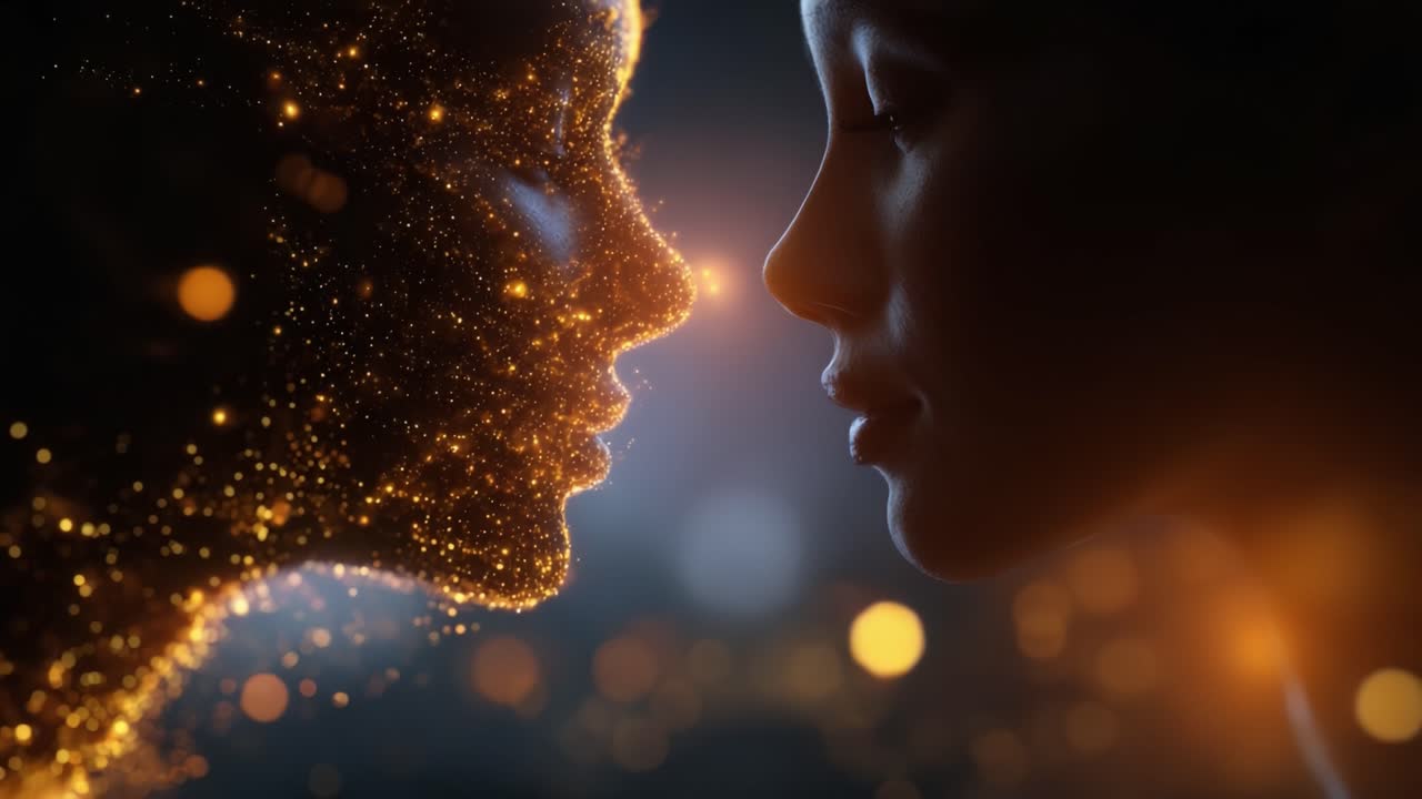 A mesmerizing visual transformation captures the ethereal connection between two faces, one made of sparkling particles, beautifully illuminated by a warm glow