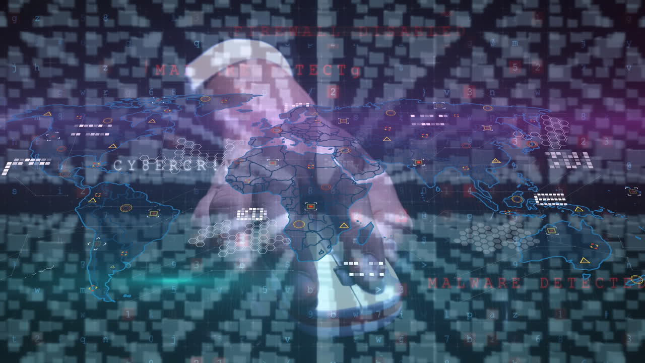 Animation of data processing over world map and hand with mouse