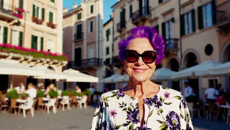 stylish senior woman with vibrant purple hair on a european city street