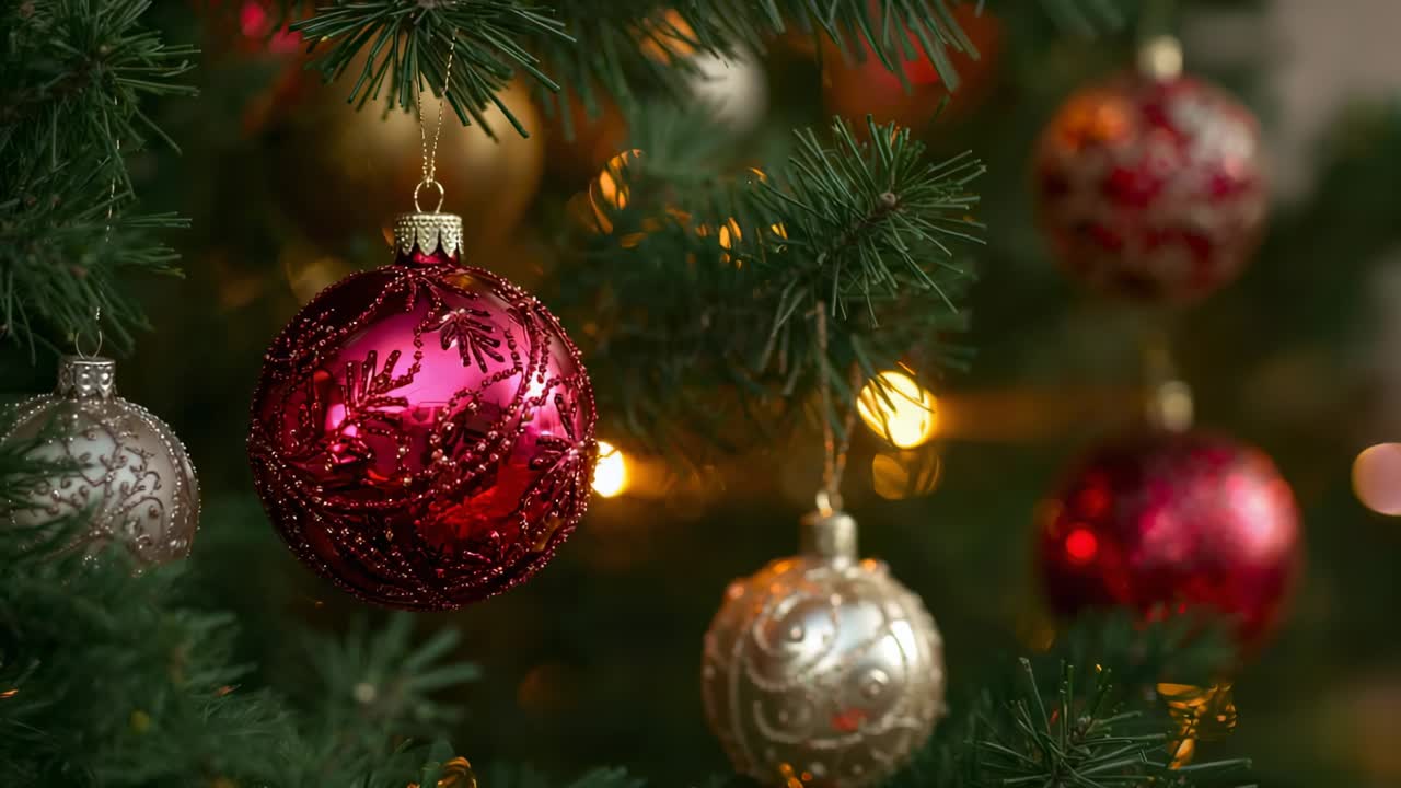 Swinging red bauble on moving branch at home, with silver, gold baubles under warm white lights