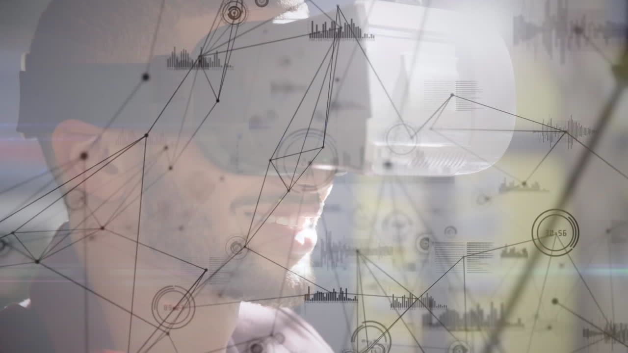 animación de la red de conexiones y estadísticas sobre el hombre de negocios que usa auriculares vr