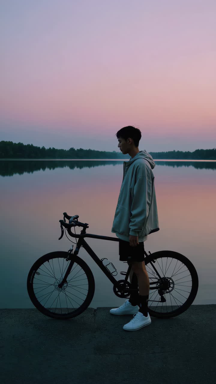 Mand med cykel ved en sø i solnedgang