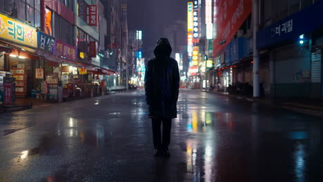 a lone hooded figure stands on a wet street in a neon-lit asian city at night