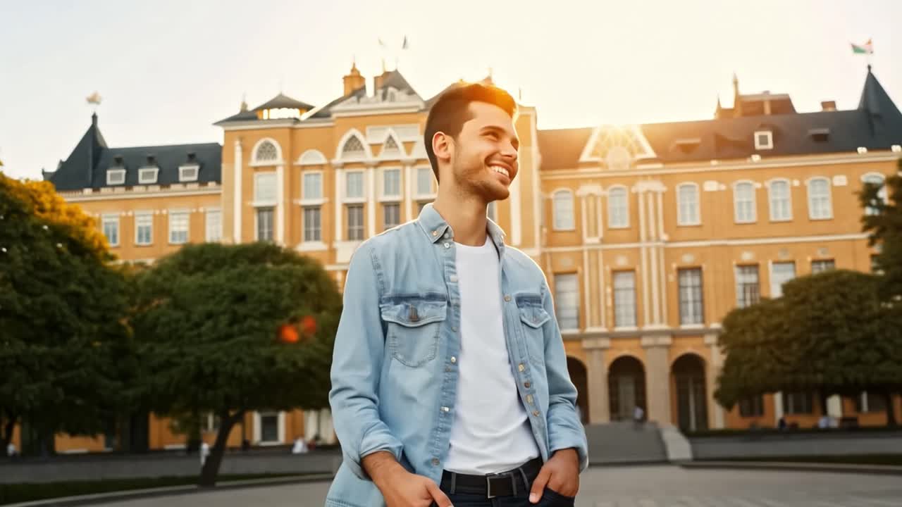 건물 앞에서 웃는 남자