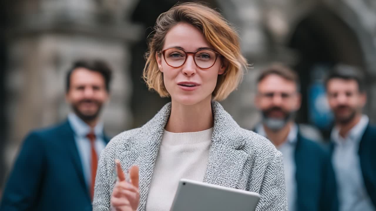 Confident Businesswoman Holding Tablet Leading a Team of Professionals with a Smiling Expression in a City Setting
