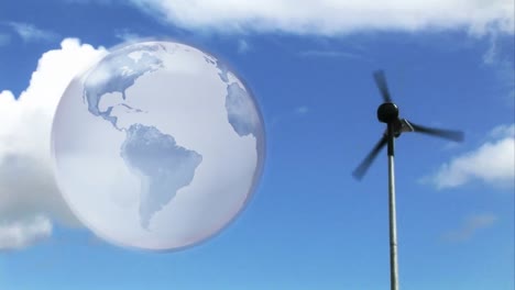 animation of globe over wind turbine in countryside