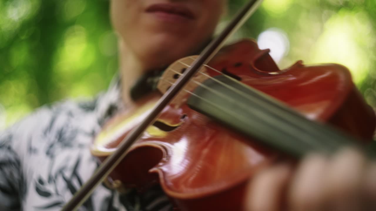 violinista de primer plano tocando el violín, golpe de arco en un instrumento clásico