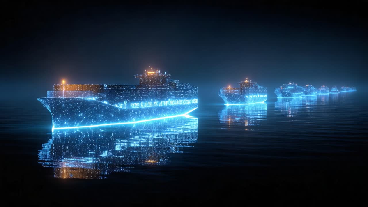 Glowing blue particle cargo ships forming a futuristic digital fleet navigating the sea, symbolizing global trade, logistics, and advanced maritime transportation technology on a dark background