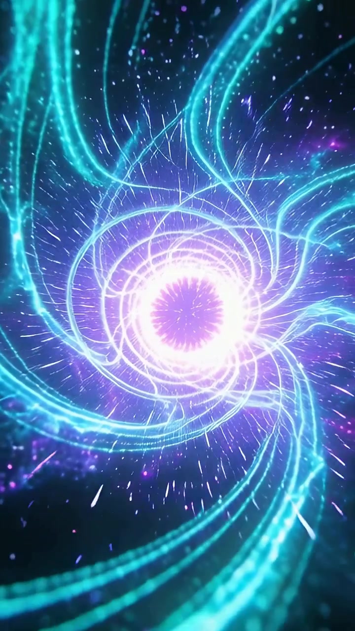 Video verticale: Volute luminose color verde acqua che si avvolgono a spirale e si stringono verso l'interno in una scena spaziale, con un nucleo luminoso.