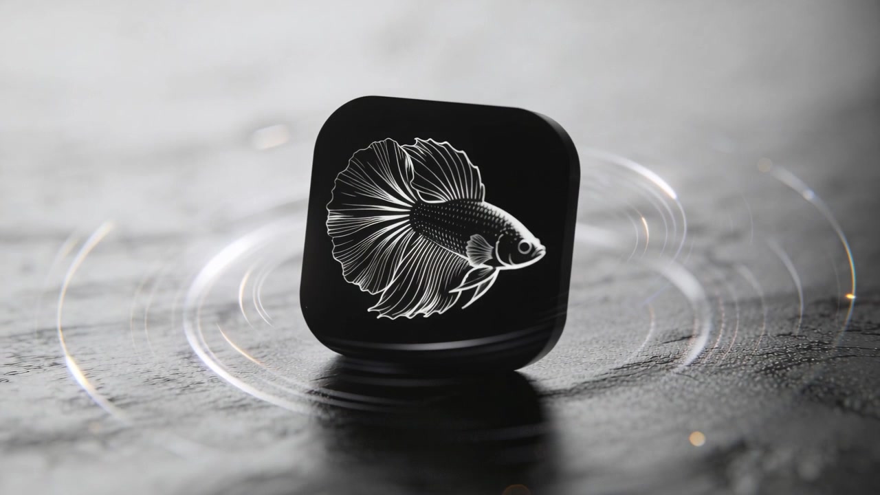 Pulsing light causing black block rotating and tilting on dark table, revealing white betta art