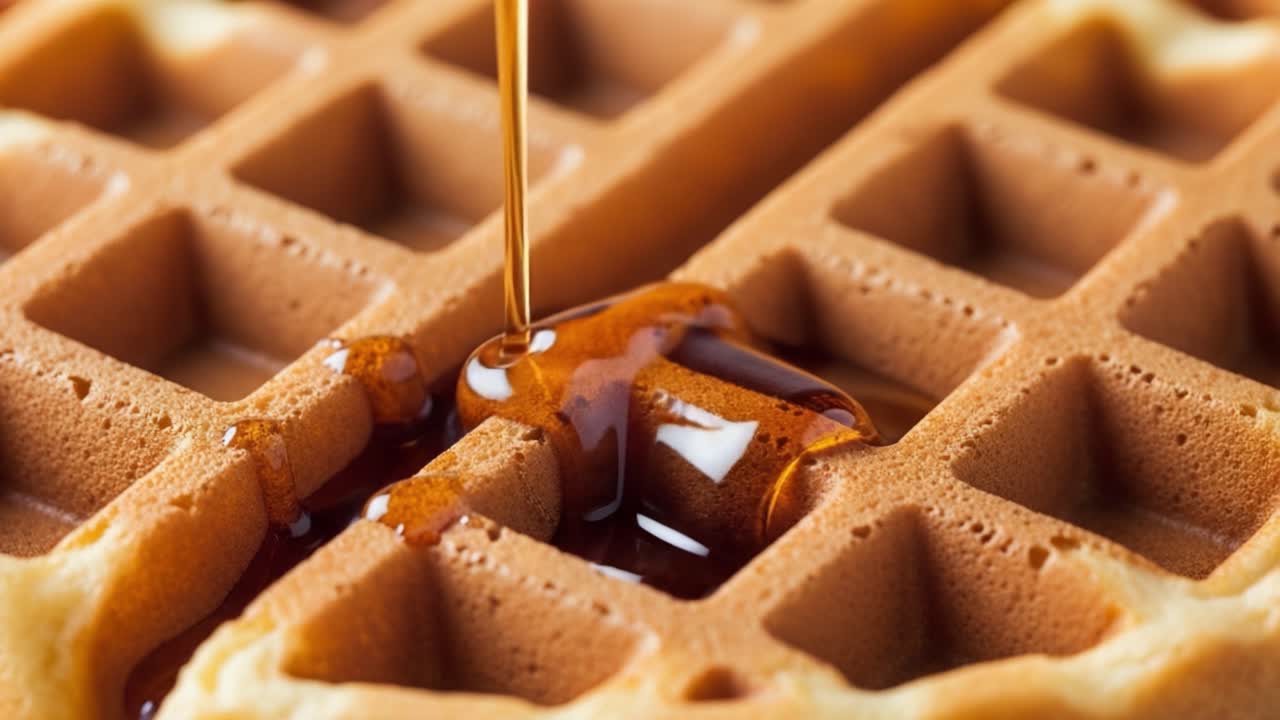 Delicious Golden Waffles Drizzled with Sweet Maple Syrup, Capturing a Tempting Morning Treat Perfect for Breakfast or Brunch Indulgence