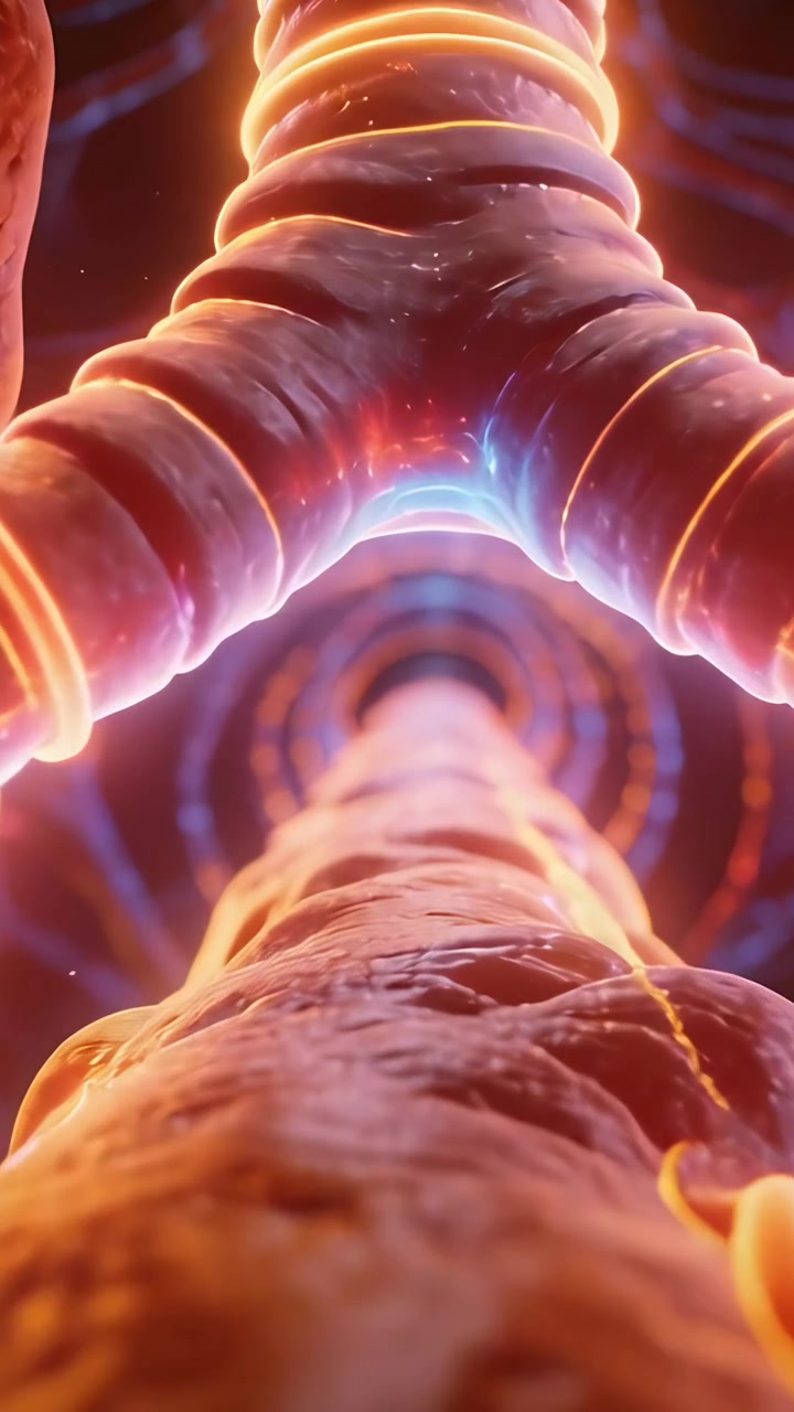 Vertical video: Starting near ridge, camera moving forward along tube, passing Y-branch to lit core