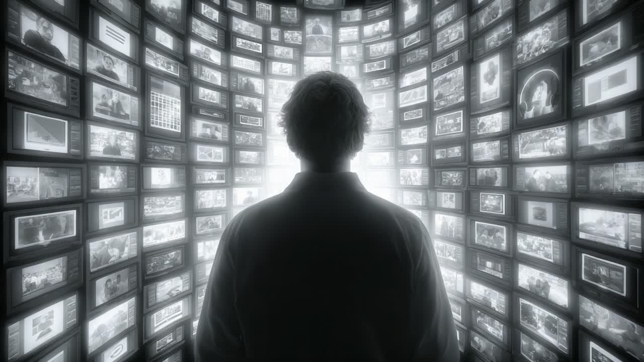 Exploring a Digital Abyss: A Figure Stands in Awe Before a Massive Wall of Screens, Amplifying the Overwhelming Impact of Media and Technology in Contemporary Life