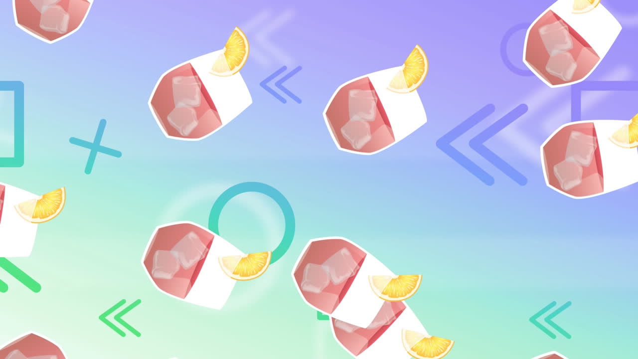 보라색과 초록색 배경 위에 떠다니는 음료의 애니메이션