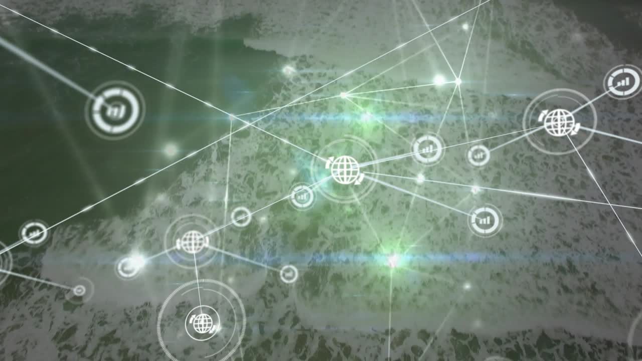 Animation of digital icons interconnecting with lines over scenic view of seascape