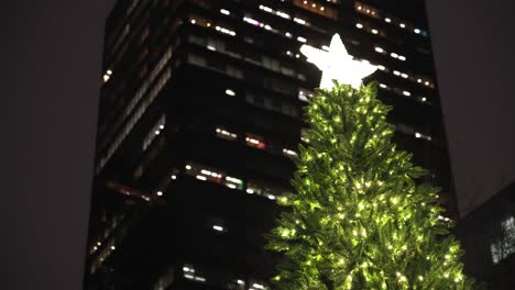 close up of the tip of a very large green simple christmas tree with a golden glowing star on top with the lights of city skyscrapers in the background at night in winter