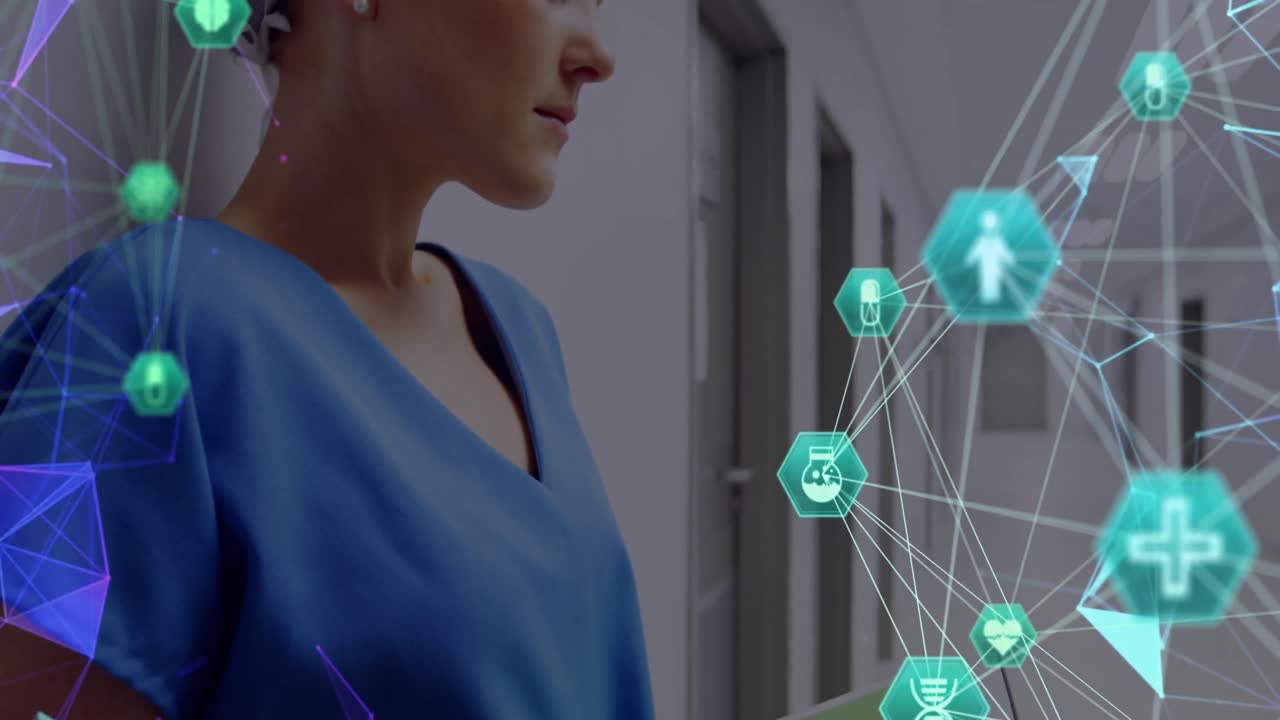 Globe of medical icons against caucasian female health worker using digital tablet at hospital