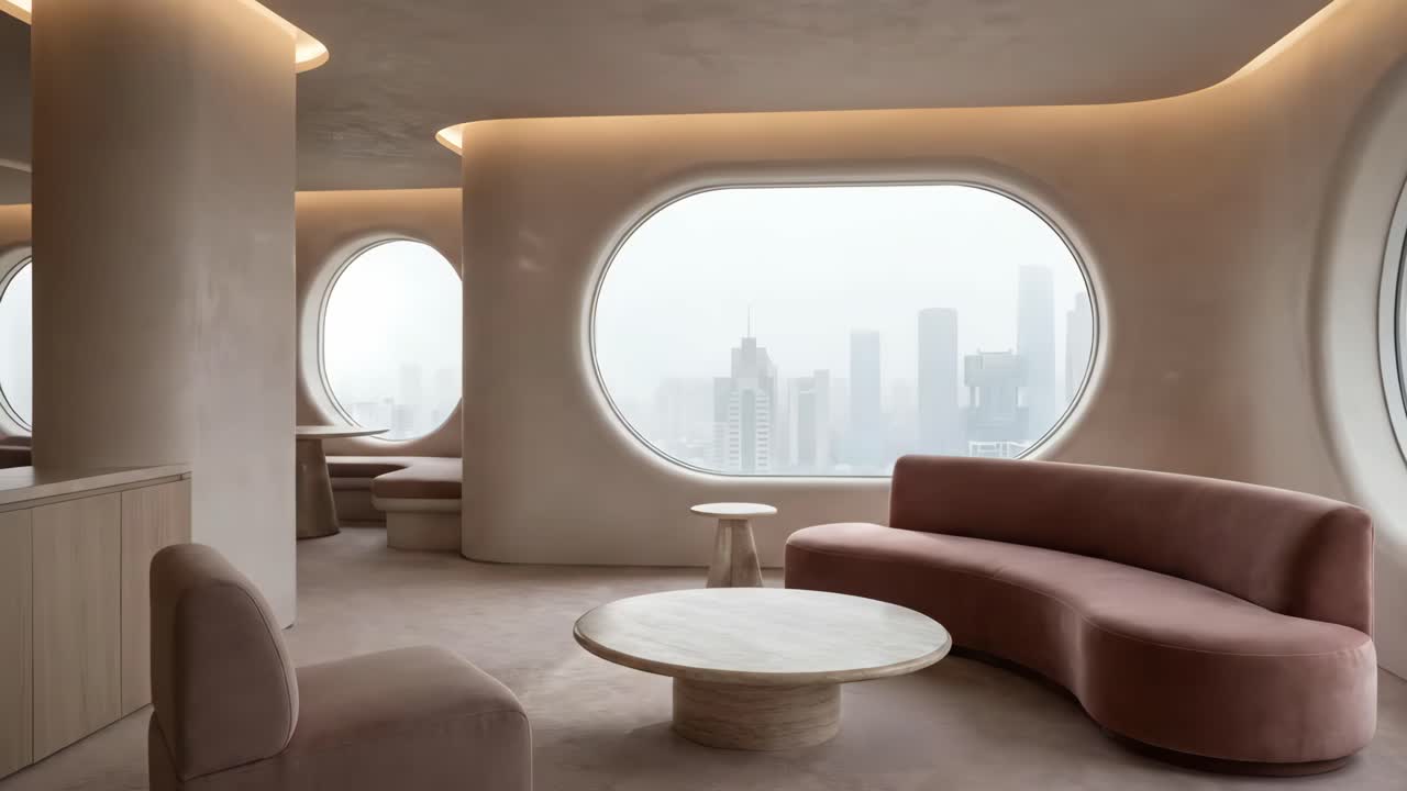 Moderne minimalistisk lounge med buede møbler og udsigt over byens skyline
