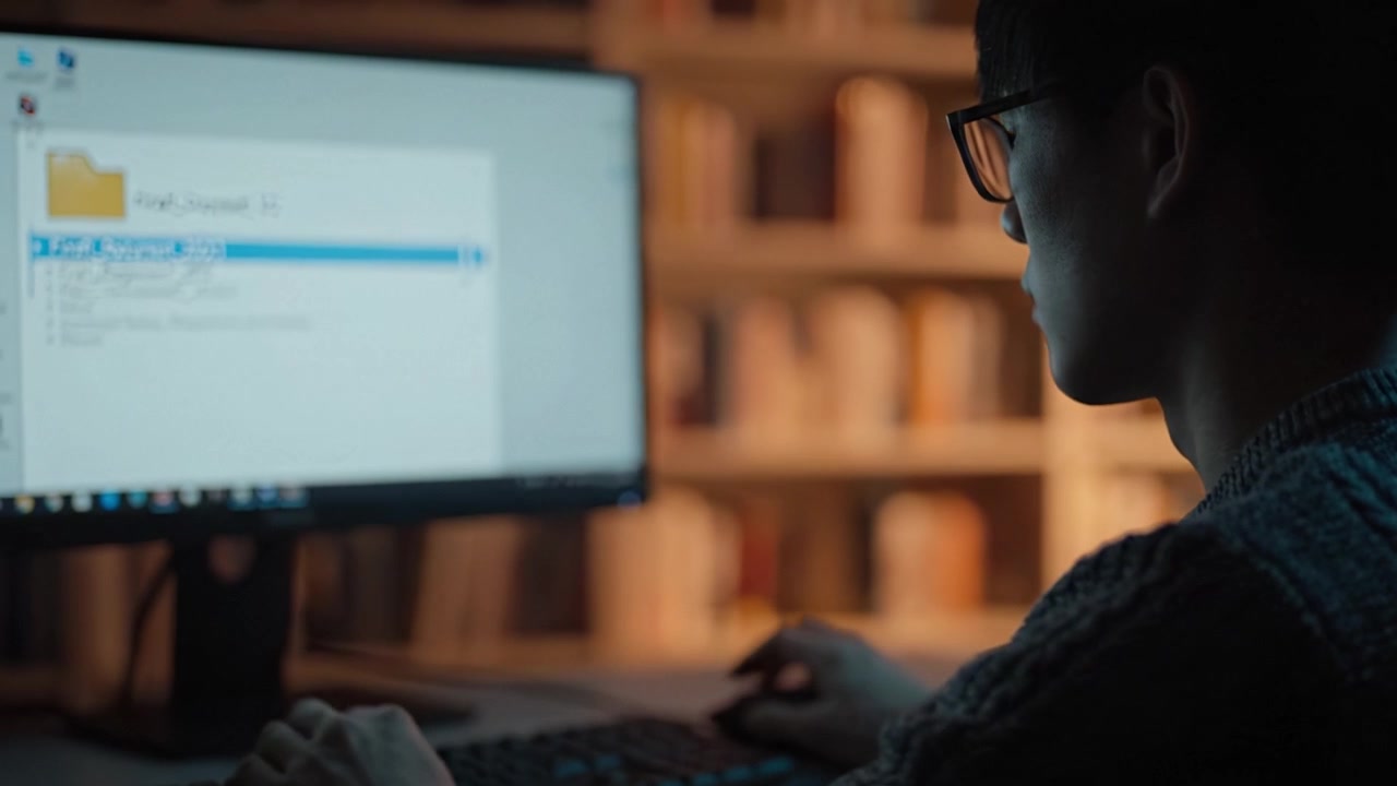 Fokussierte Person arbeitet spät nachts am Computer, überprüft Dateien und Dokumente, umgeben von einer gemütlichen Atmosphäre aus Büchern und sanfter Beleuchtung
