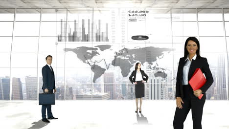 business people in front of a world map