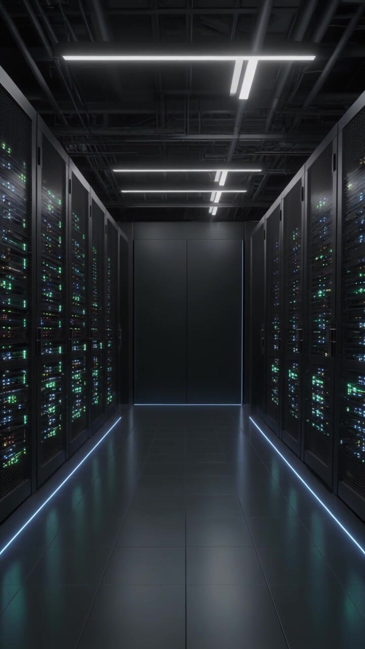 High tech server room aisle with illuminated blue floor light strips leading to a closed metallic door