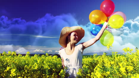 couple with balloons walking in the field