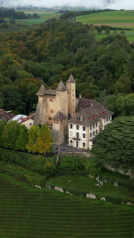 vertical, aerial: establishing drone shot of vaumarcus castle during the day in canton of neuchatel, switzerland