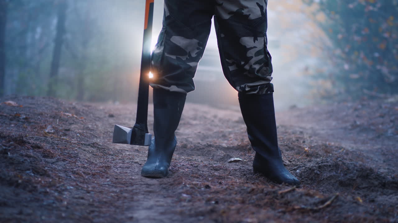 소름 끼치는 범죄 현장 뒤에서 도끼 자동차 헤드라이트를 들고 있는 남자의 부츠를 신은 다리