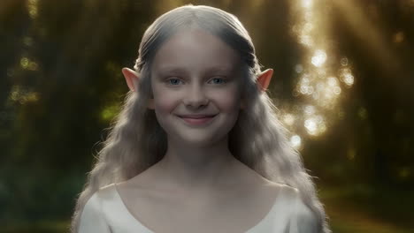 a young girl with pointed ears and long white hair smiling in a sunlit forest