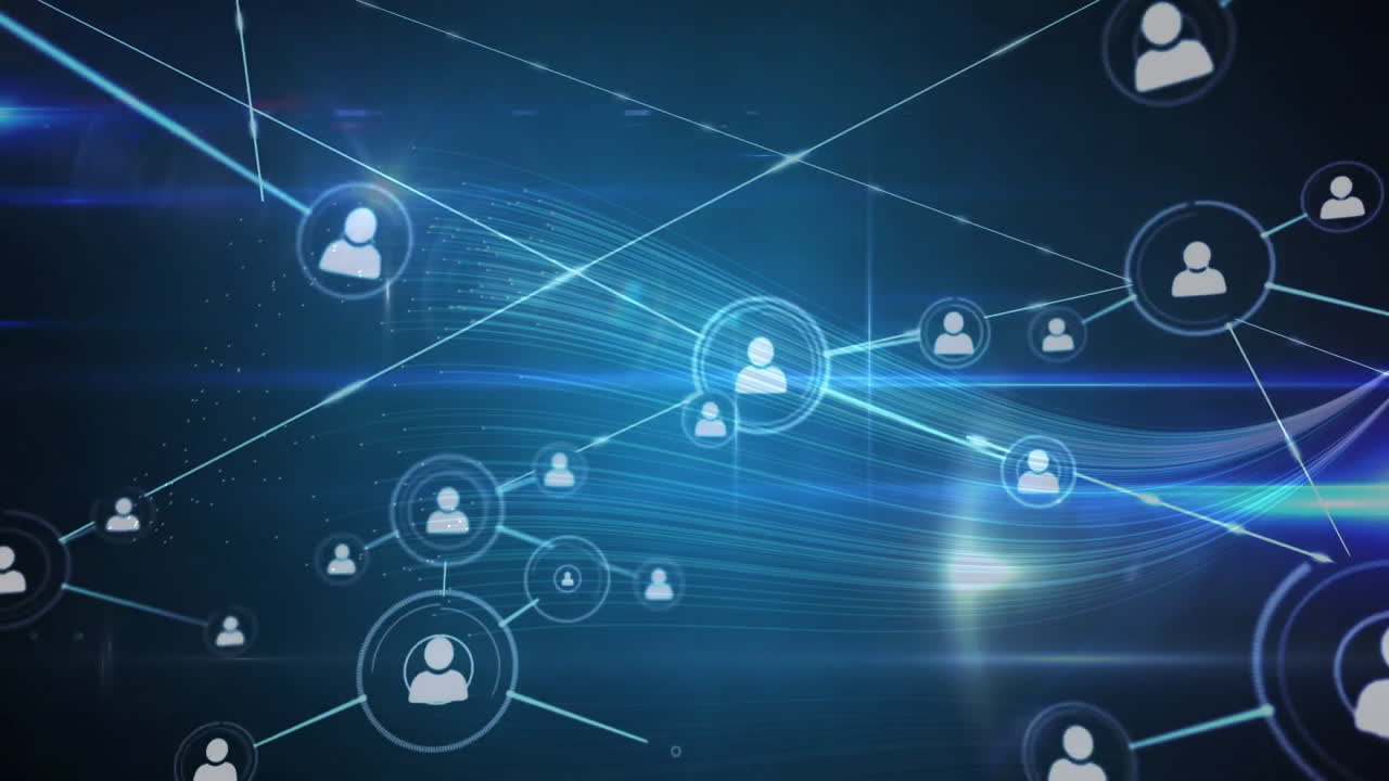 Connected user icons with glowing animation, digital lines forming network