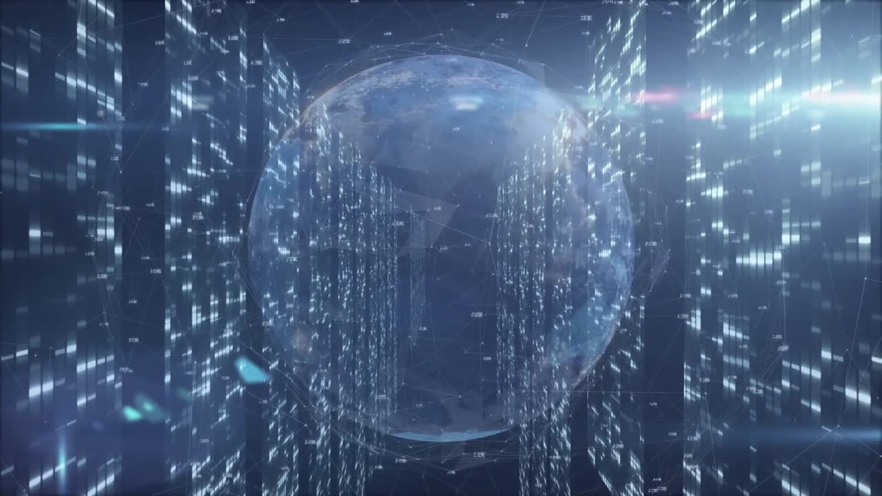 Intensifying data streams initiating translucent globe growth for tech demo revealing cyan shards