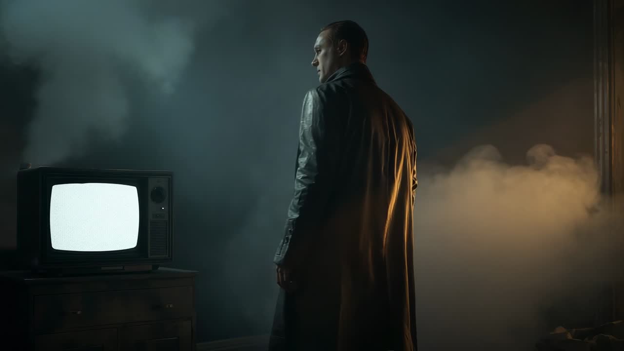 Standing man wearing coat watching white TV screen as static shifting in smoky room, copy space