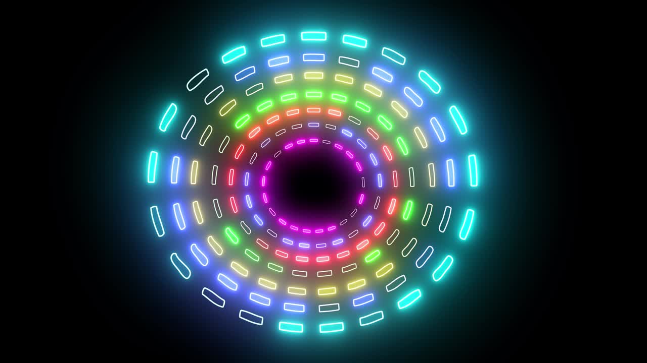 abstract creative neon, tunnel a led con forme rotonde e circolari. pavimento futuristico, sala, palco con prospettiva rotante.