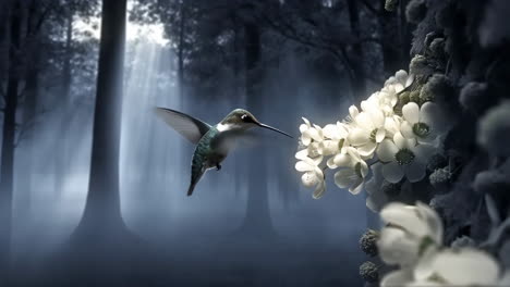 hummingbird approaching white flowers in a misty forest