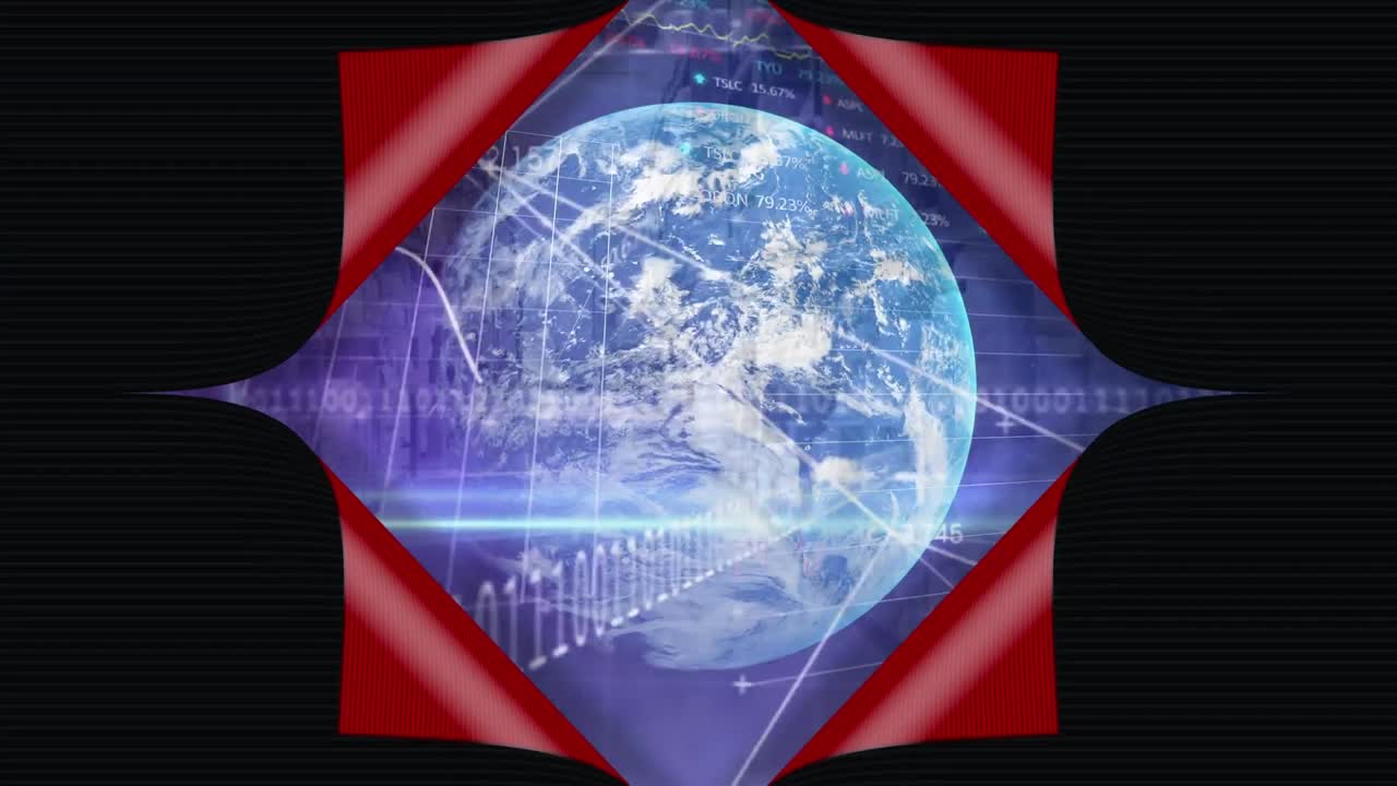 지구를 드러내는 빨간 화면의 애니메이션, 통계 및 금융 데이터 처리