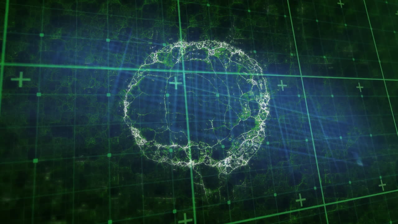 Neural network animation showing digital brain structure with grid lines