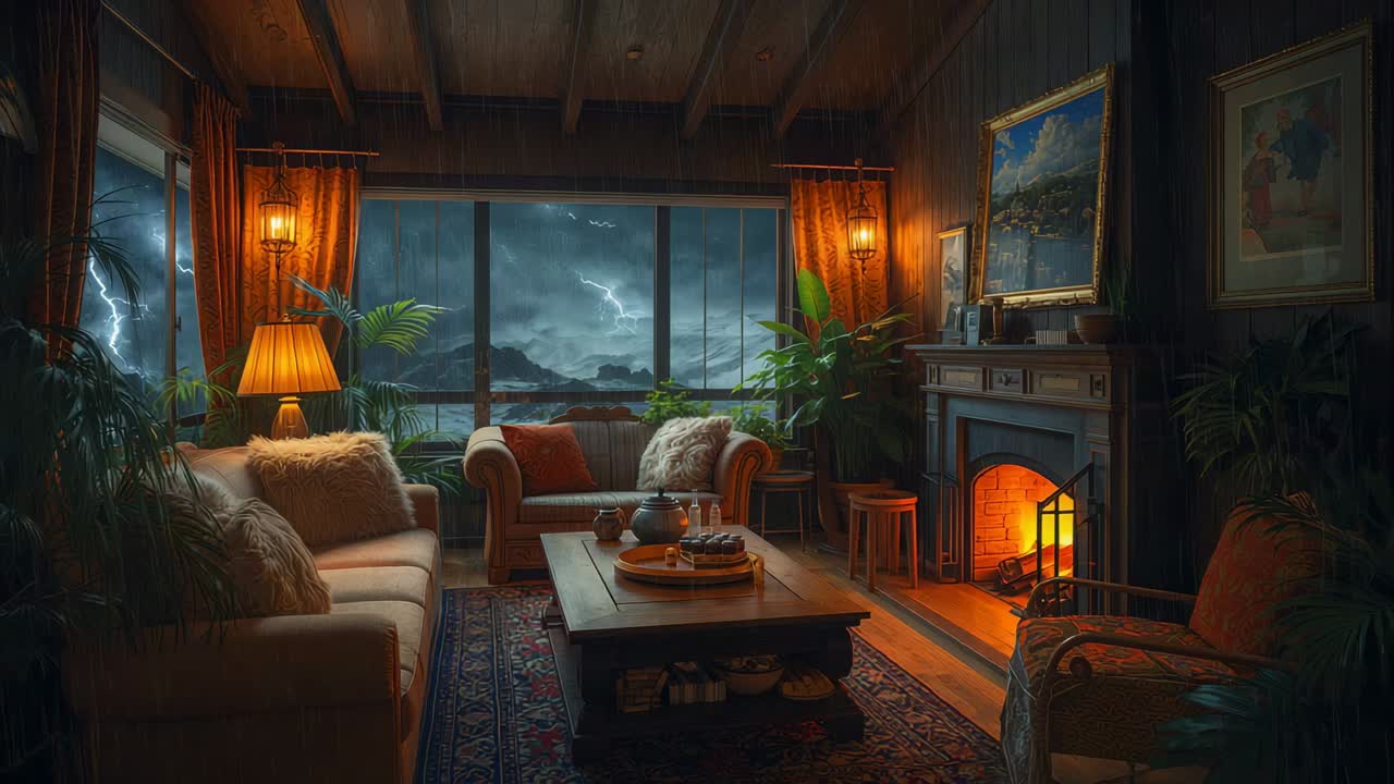 Blinkende lyn mot vinduet, storm ute som lyser opp hytta, kontrasterende varm lampe og ild