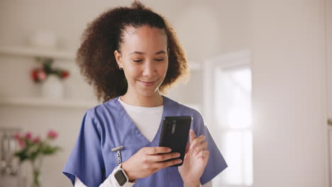 nurse, phone and internet scroll for social media