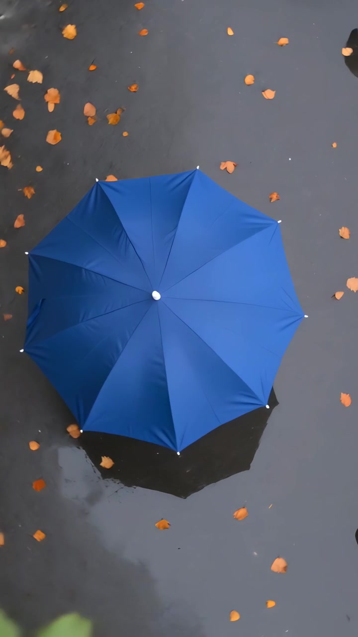 Video verticale: Ombrello blu che ripara sulla strada bagnata sotto la pioggia, persone di passaggio, riflesso in una pozzanghera.