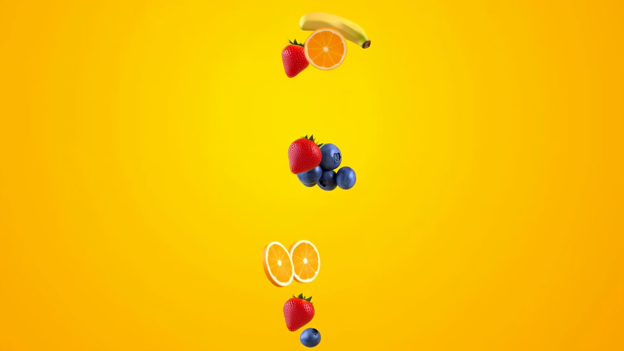 Colorful fruit pieces fall and rotate through bright yellow space as berries, citrus rings, and banana segments pass one another in a clean centered composition with ample copy space.